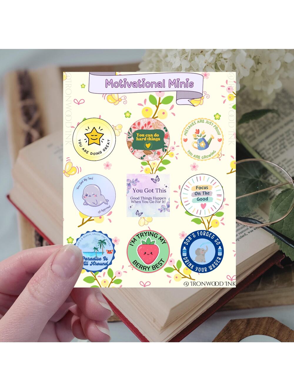 Motivational Minis Sticker Sheet Positive Message Garden Flowers Junk Journaling